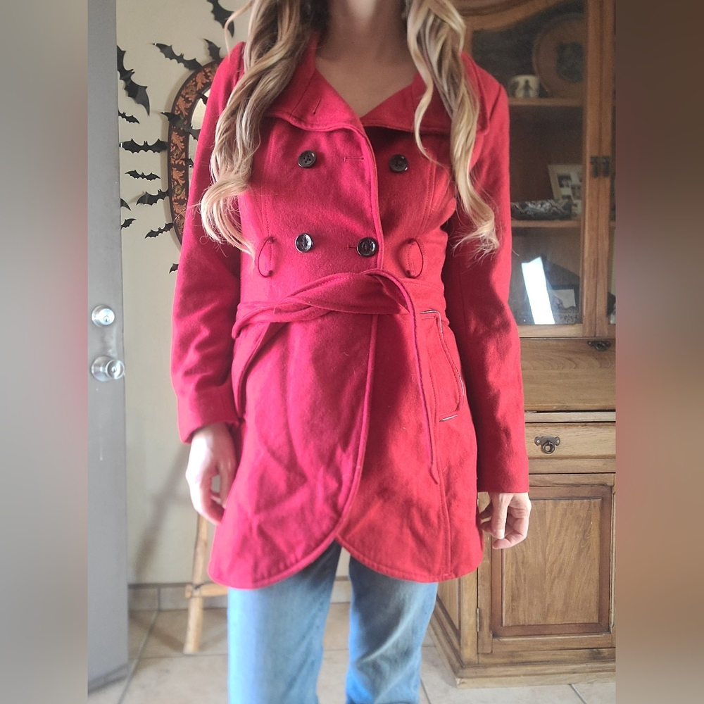 Guess Long Red Wool Peacoat Black Buttons Size Small